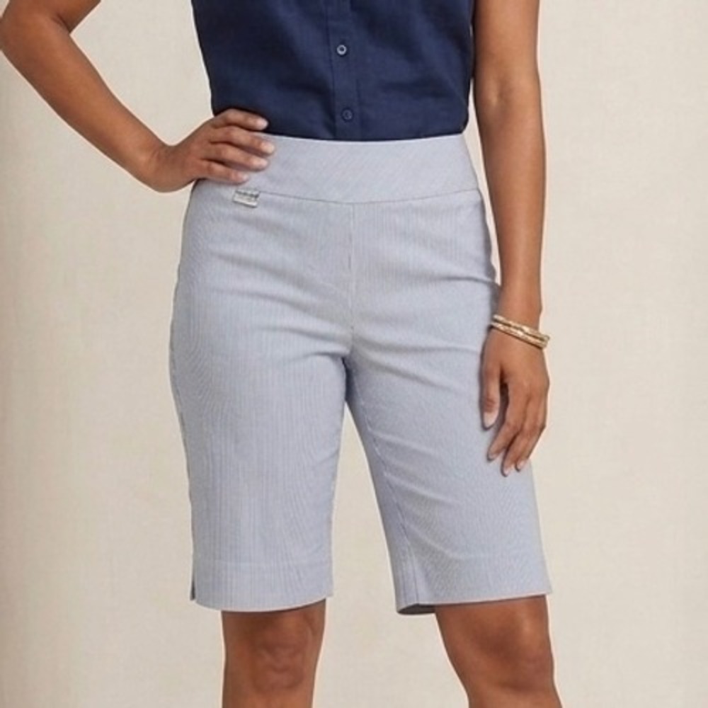 Peck & Peck Bermuda Shorts Black White Pinstripe Stretch Coastal Nautical Chic 4